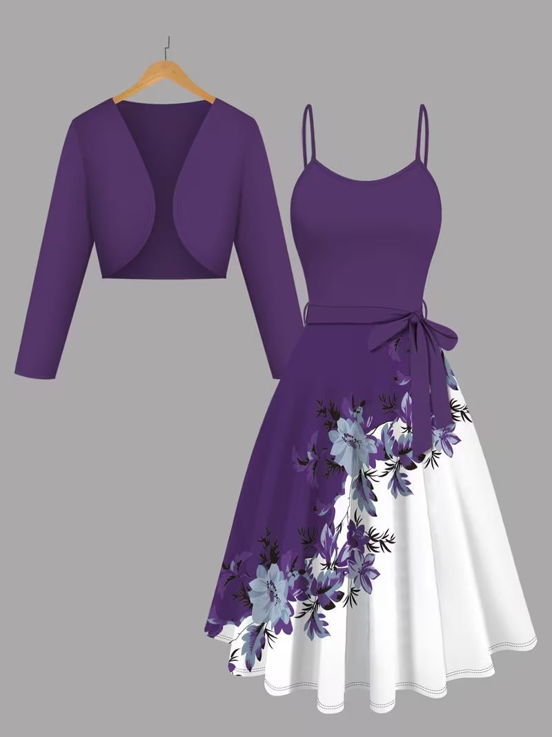 Elegant 2-Piece Women’s Outfit | Purple Cardigan Jacket with Floral Suspender Dress Set