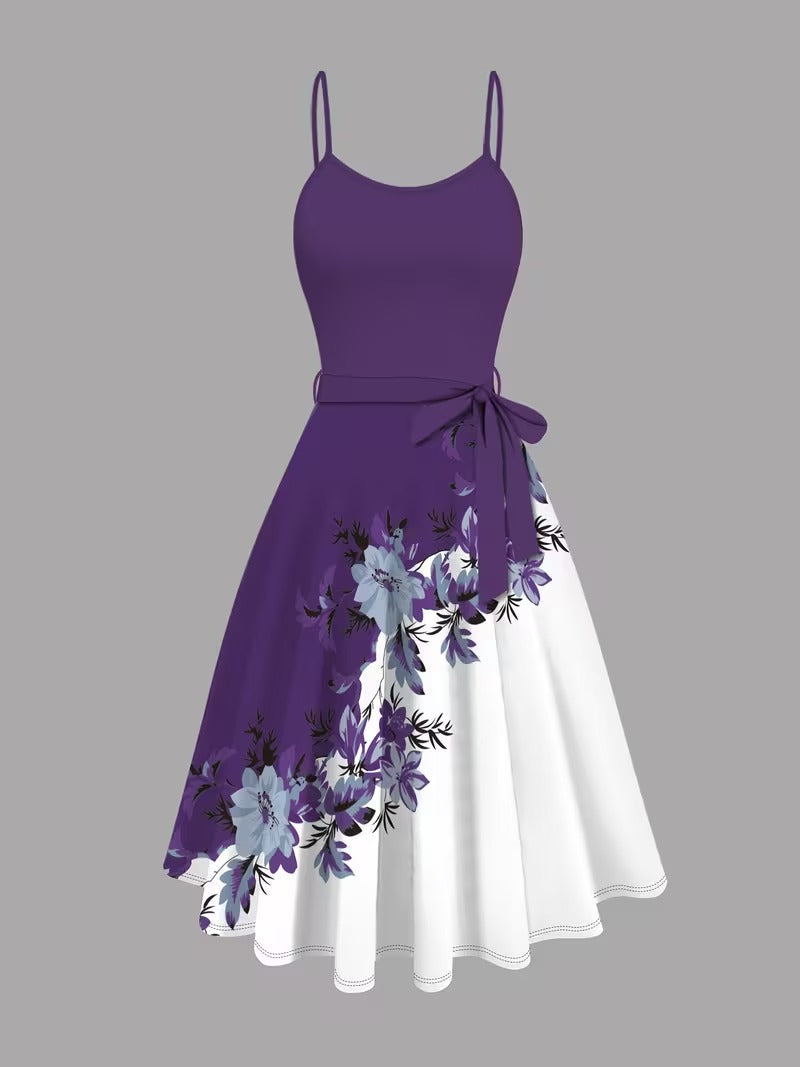 Elegant 2-Piece Women’s Outfit | Purple Cardigan Jacket with Floral Suspender Dress Set