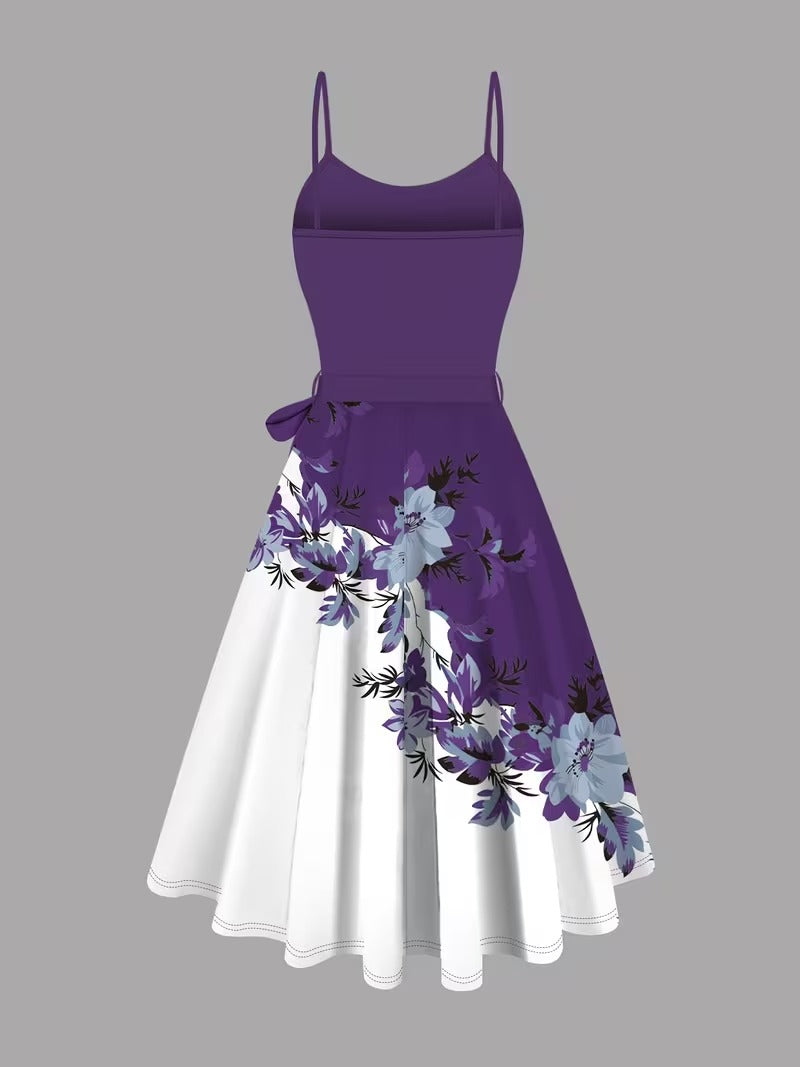 Elegant 2-Piece Women’s Outfit | Purple Cardigan Jacket with Floral Suspender Dress Set