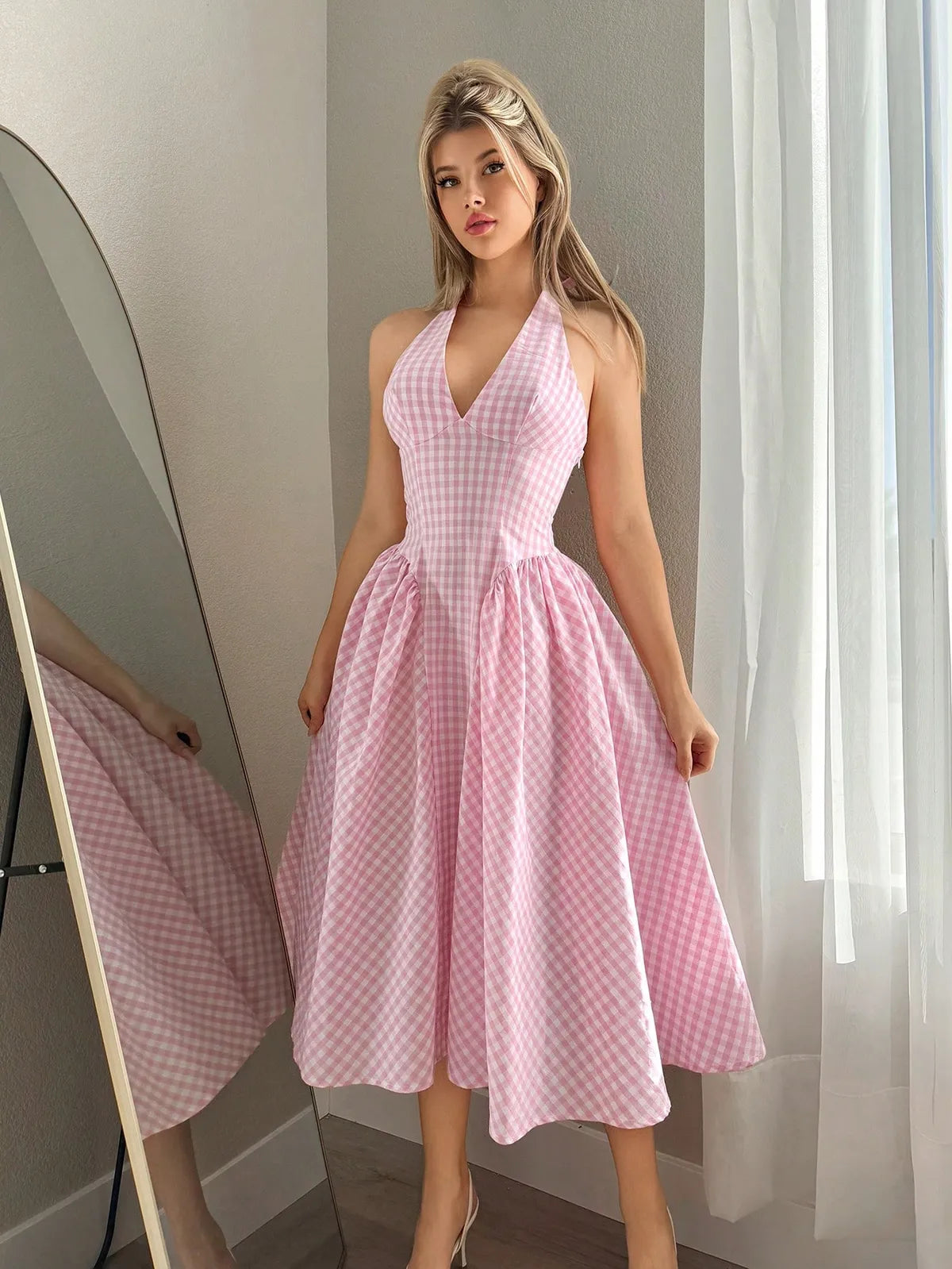 Pink Ghingham Check Halter Neck Midi Dress..