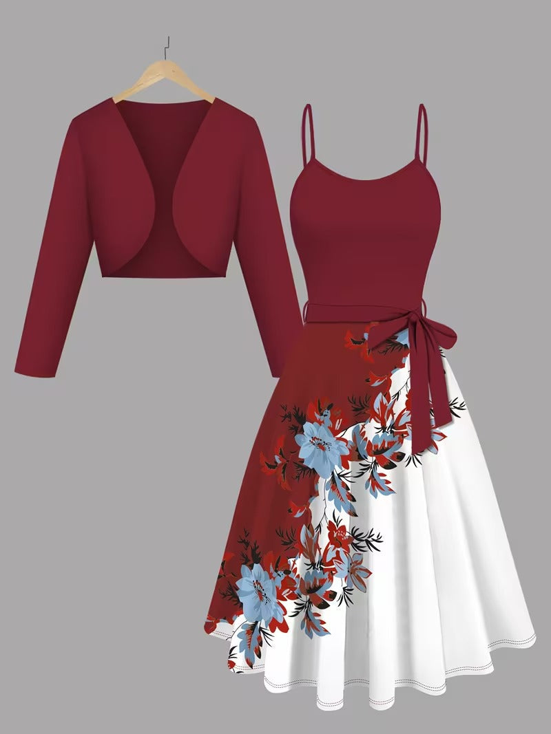 Elegant 2-Piece Women’s Outfit | maroon Cardigan Jacket with Floral Suspender Dress Set