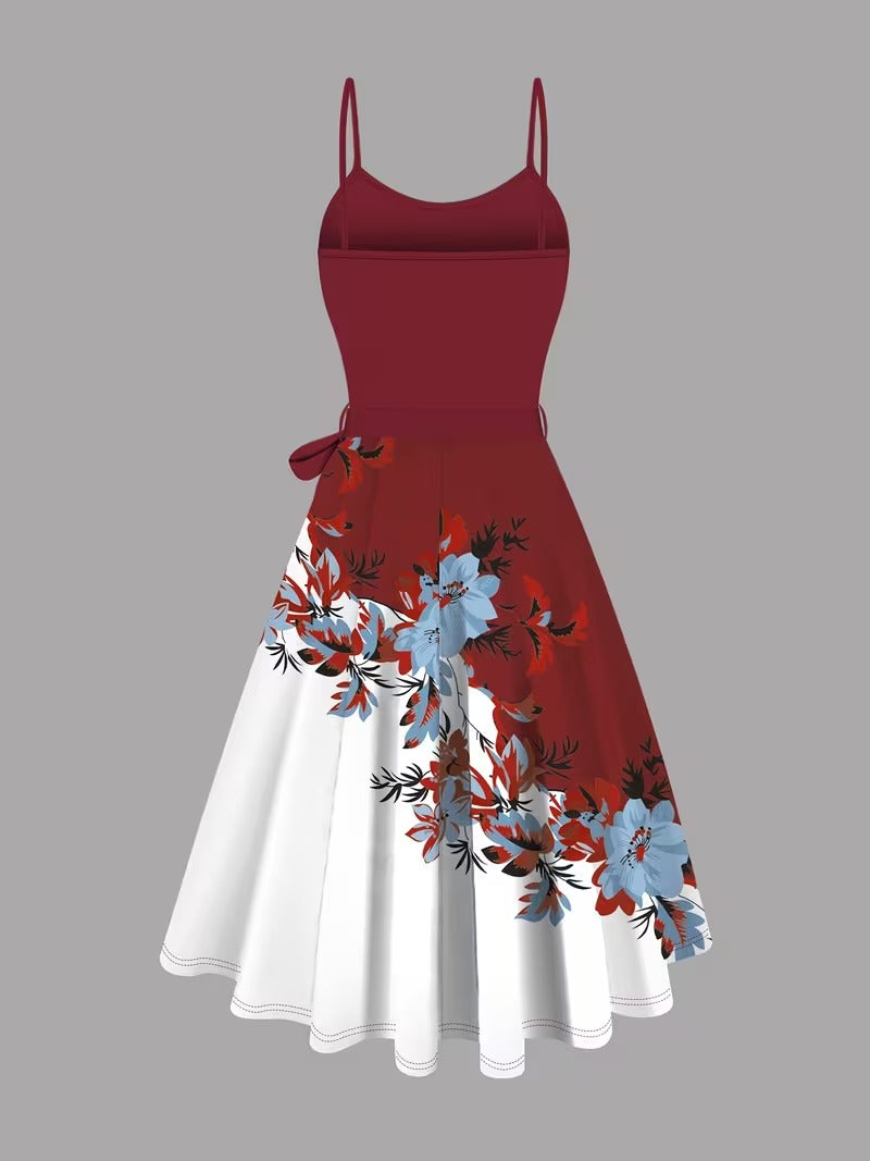Elegant 2-Piece Women’s Outfit | maroon Cardigan Jacket with Floral Suspender Dress Set