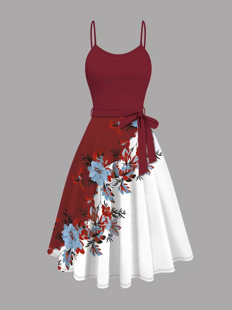 Elegant 2-Piece Women’s Outfit | maroon Cardigan Jacket with Floral Suspender Dress Set
