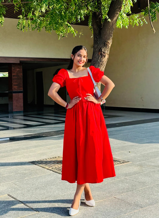 Tie Up Fit & Flare Midi Dress with Puff..
