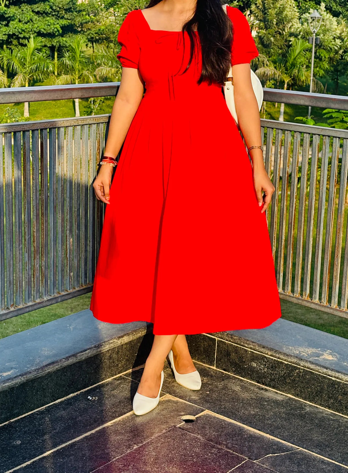 Tie Up Fit & Flare Midi Dress with Puff..