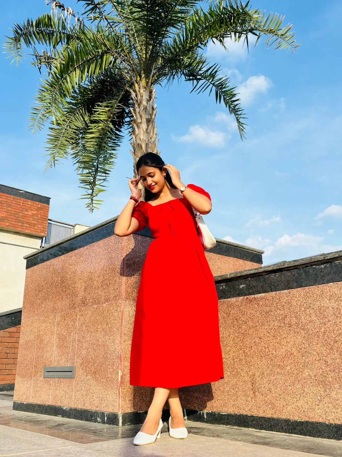 Tie Up Fit & Flare Midi Dress with Puff..