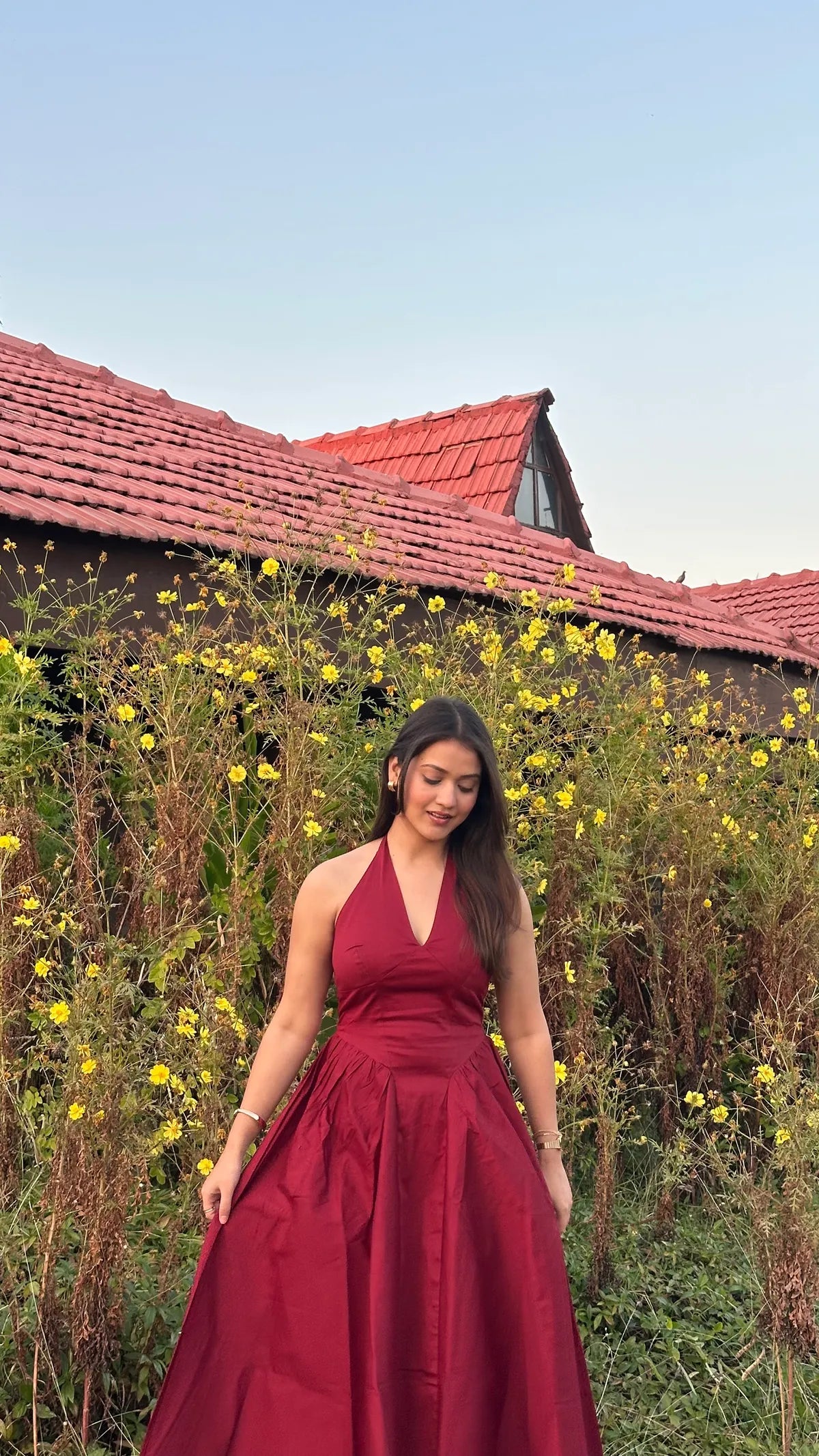 Maroon Halter Neck Midi Dress..