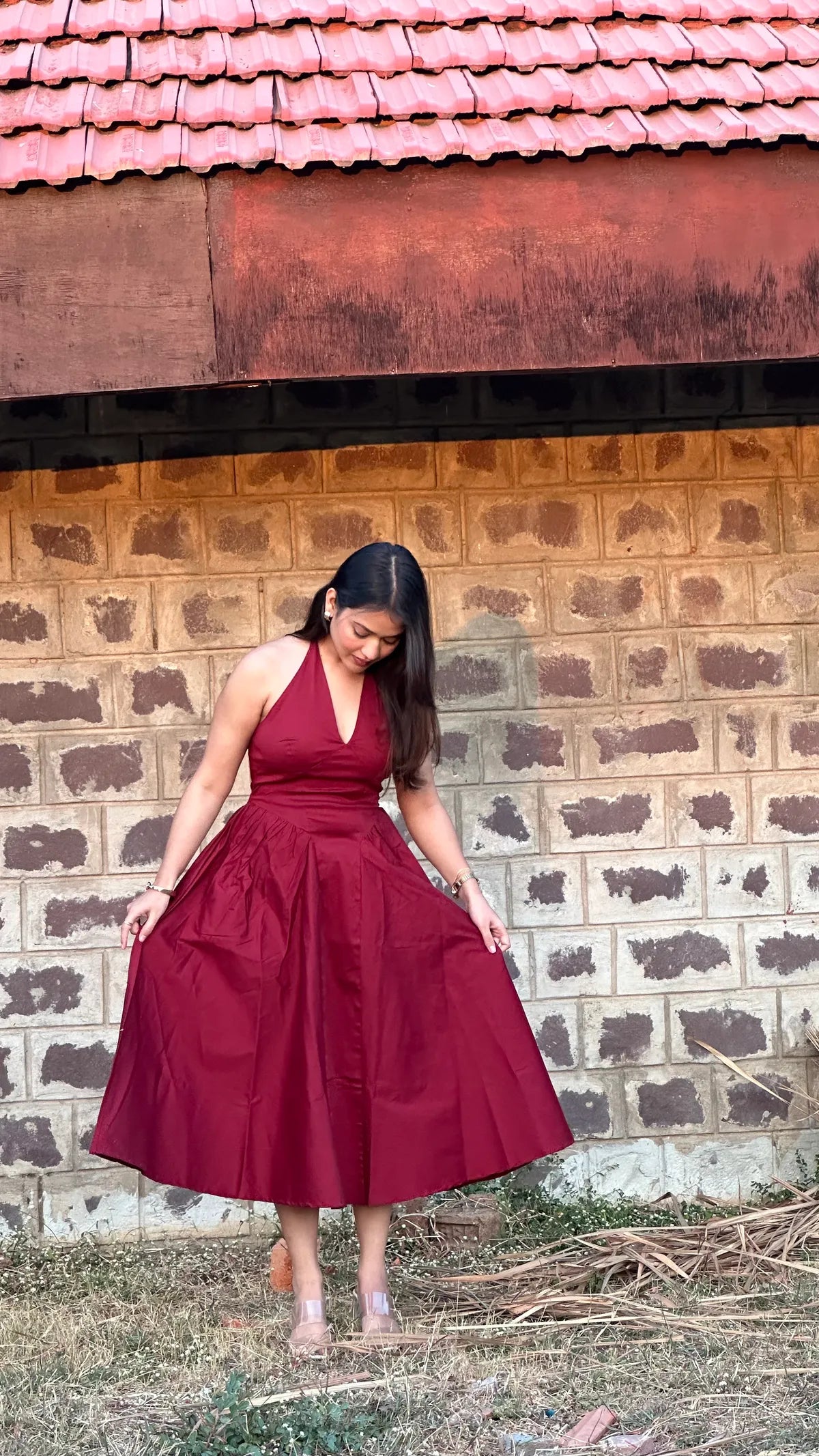 Maroon Halter Neck Midi Dress..