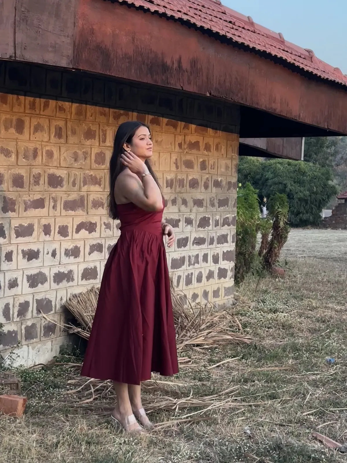 Maroon Halter Neck Midi Dress..