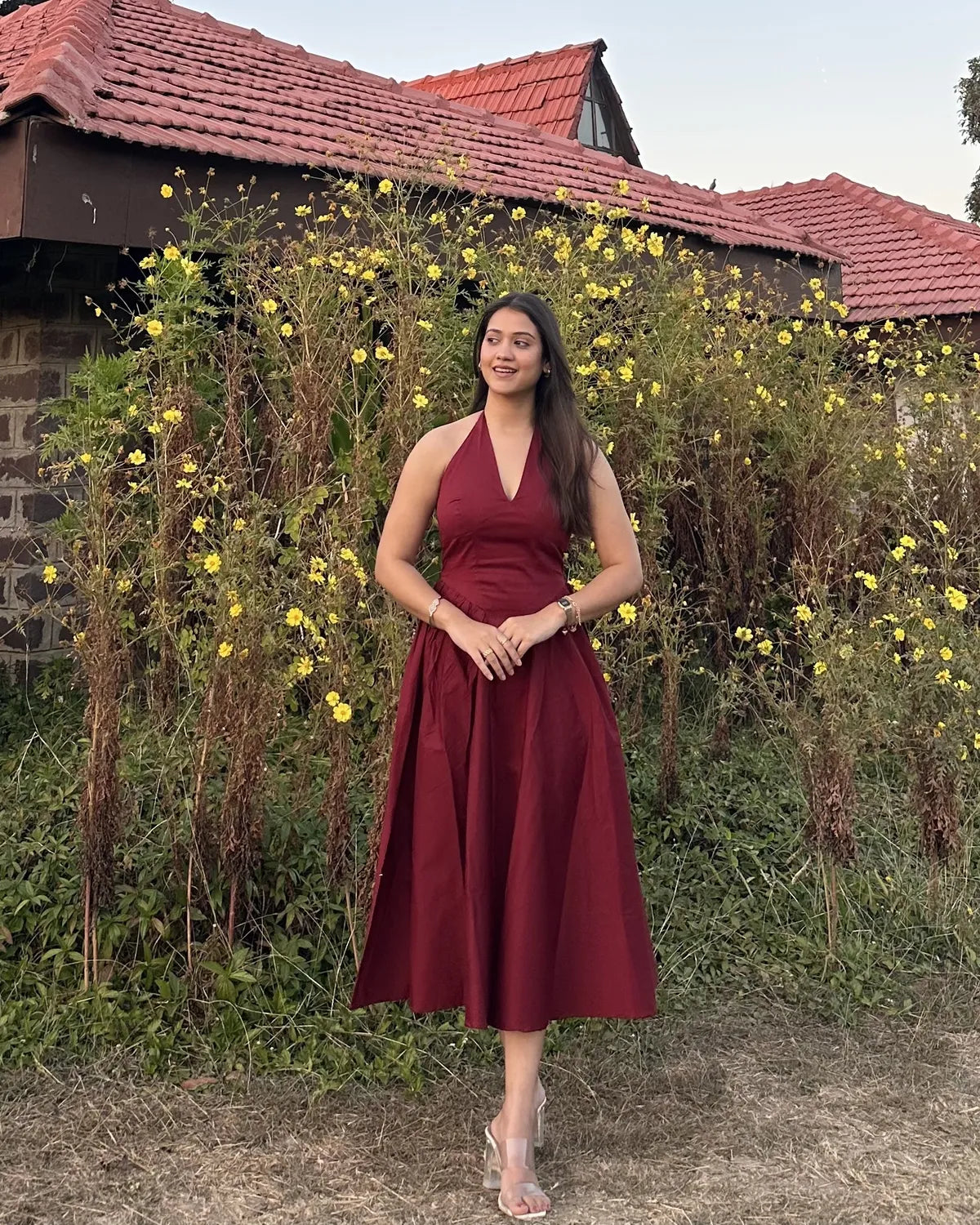 Maroon Halter Neck Midi Dress..