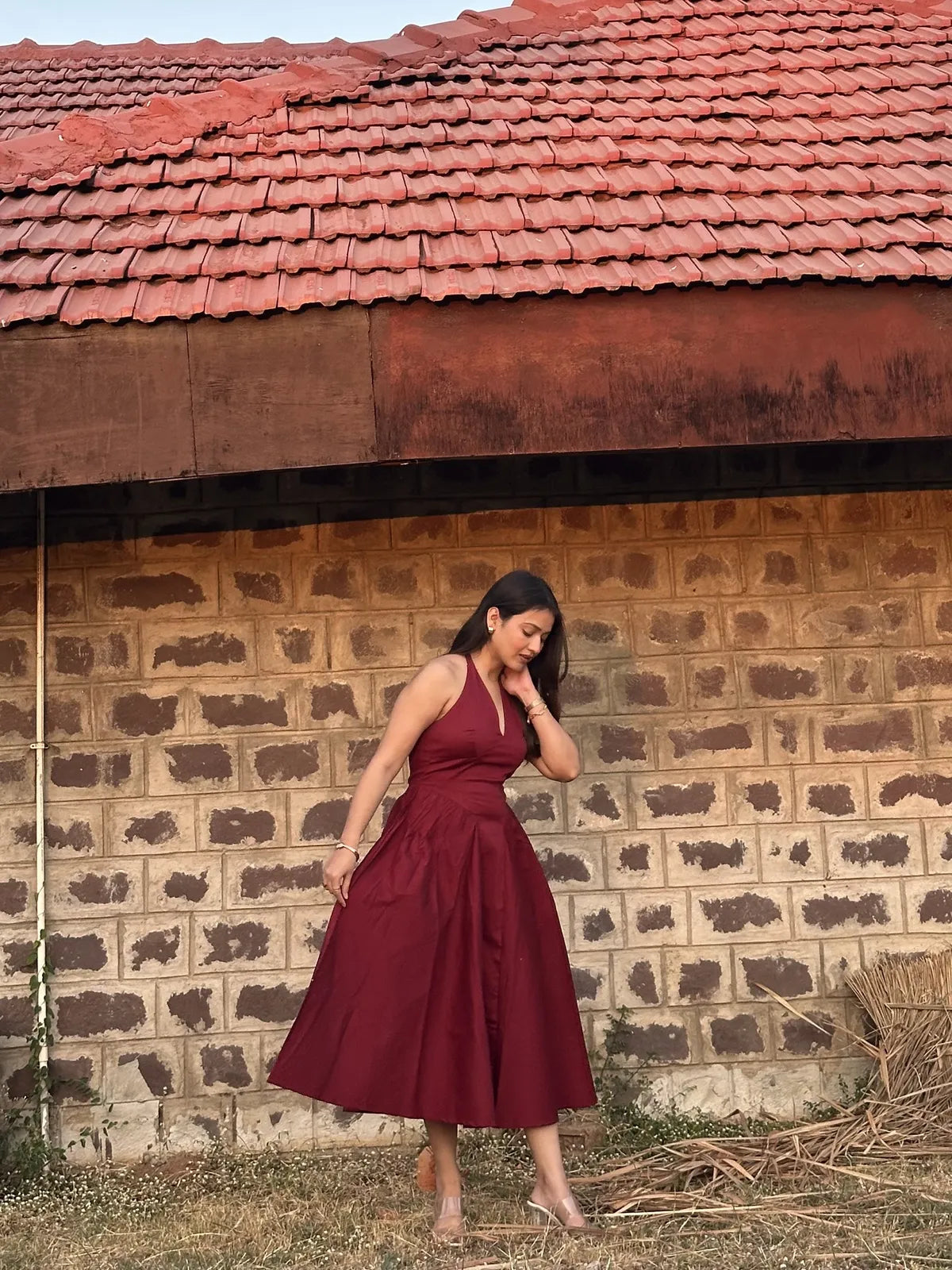 Maroon Halter Neck Midi Dress..