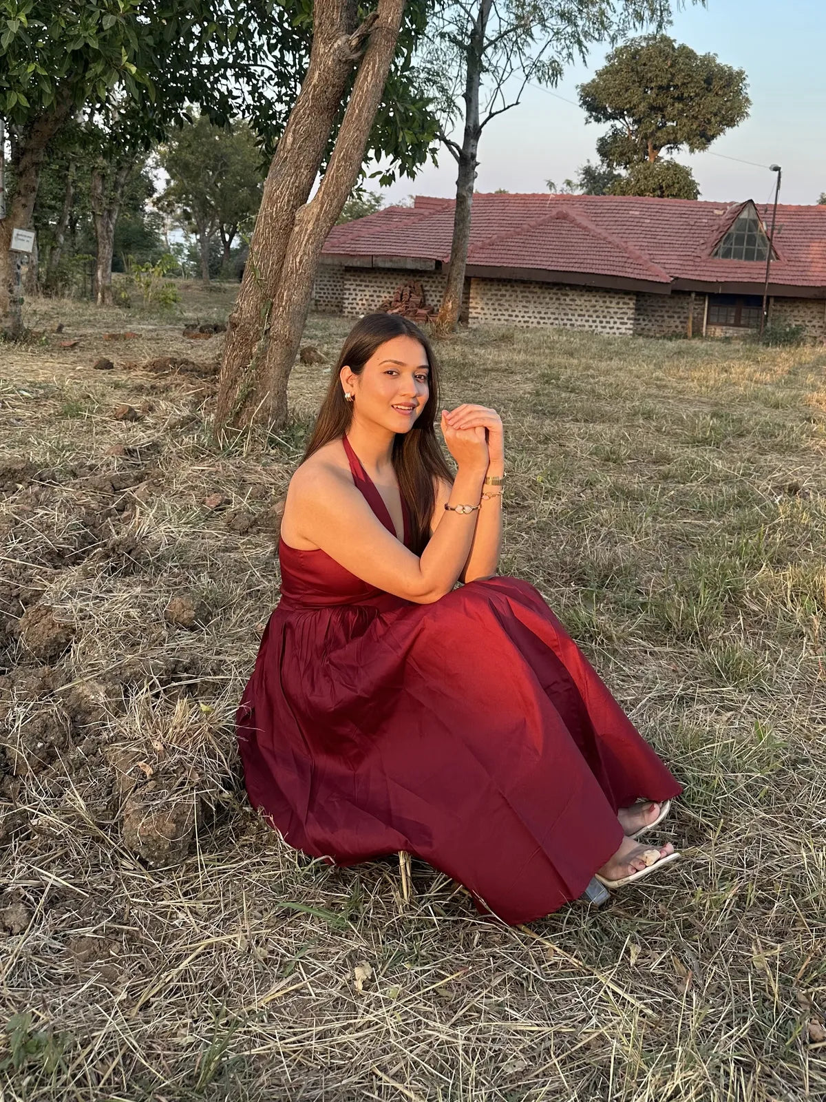 Maroon Halter Neck Midi Dress..