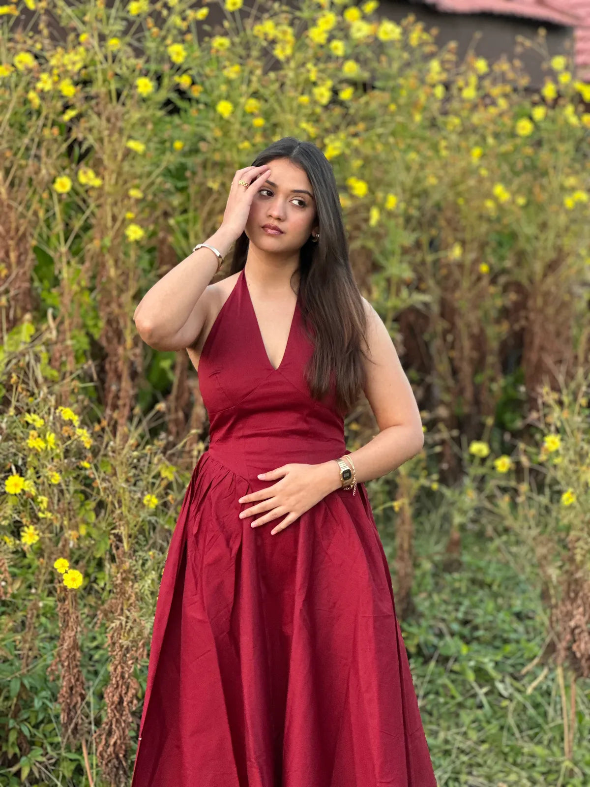 Maroon Halter Neck Midi Dress..