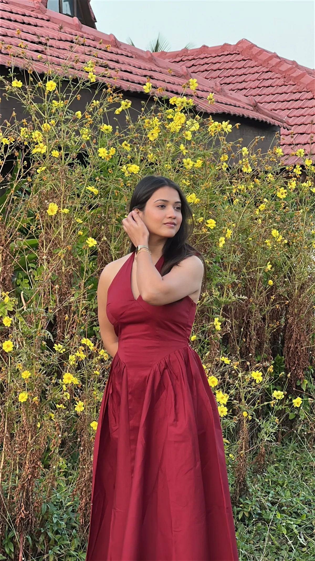 Maroon Halter Neck Midi Dress..