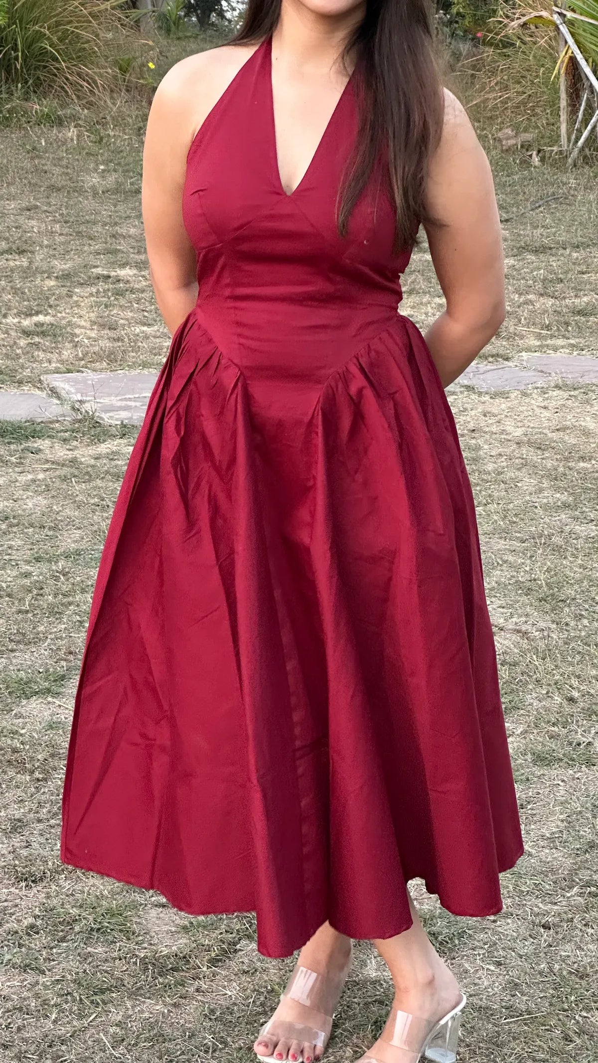 Maroon Halter Neck Midi Dress..