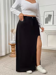 High-Waist Black Slit Denim Maxi Skirt