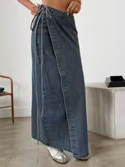 High-Waist Lace-Up Denim Maxi Dress