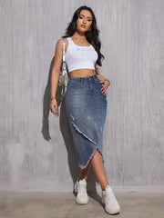 High-Waist Tassel Denim Skirt
