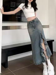 High-Waist Lace Patchwork Denim Skirt