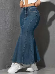 High-Waist Asymmetrical Slit Denim Long Skirt