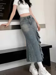 High-Waist Lace Patchwork Denim Skirt