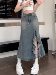 High-Waist Lace Patchwork Denim Skirt