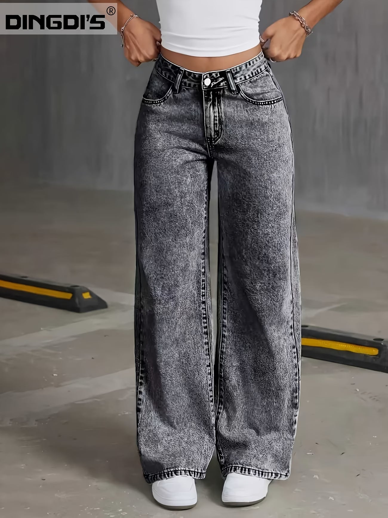 High-Waist Grey Wide Leg Jeans for Women
