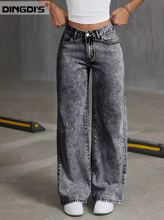High-Waist Grey Wide Leg Jeans for Women